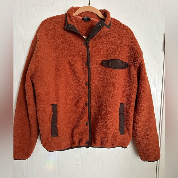 Burnt orange fleece button up jacket size large - Picture 1 of 4